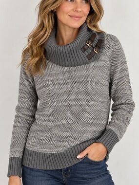 Banana Republic M Gray Italian Yarn Cowl Neck Sweater Equestrian Heritage Buckle